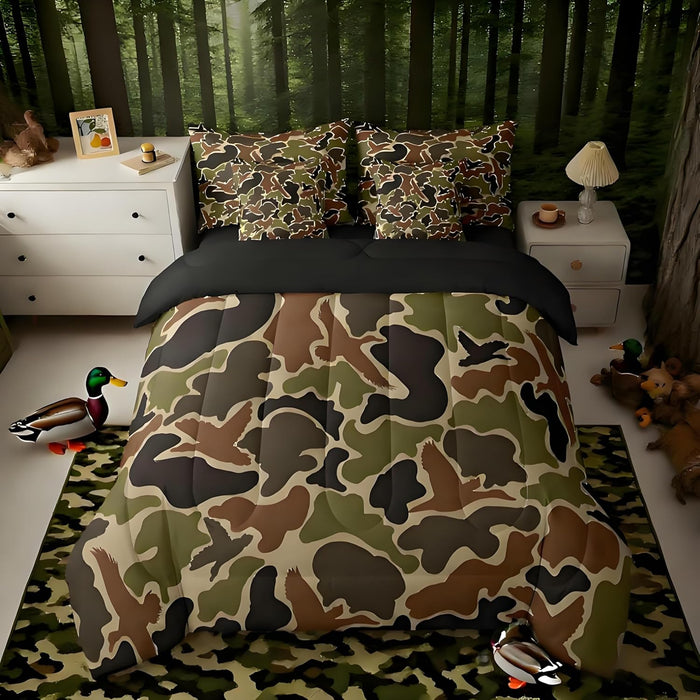 Feelyou Duck Hunter Green Camouflage Hunting 7 Pieces Bedding Set, Queen Size Black Brown All Season,Bed in a Bag with Comforter, Sheets, Pillowcases Camo Army Bed Set Breathable Wild Room Decor