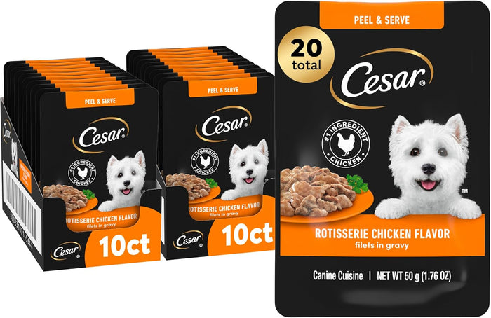 Cesar Filets in Gravy Wet Dog Food Filet Mignon Flavor and Rotisserie Chicken Flavor Variety Pack, 1.76 oz. Mini-Pouches (20 Count, Pack of 2)