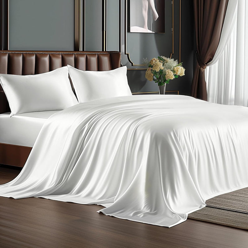 BEDELITE Satin Sheets Queen Size Bed Set, Luxury Soft Black Silky Sheets for Hair and Skin, Similar to Silk Bed Sheets Set 4 Pieces with 1 Deep Pocket Fitted Sheet, 1 Flat Sheet, and 2 Pillowcases