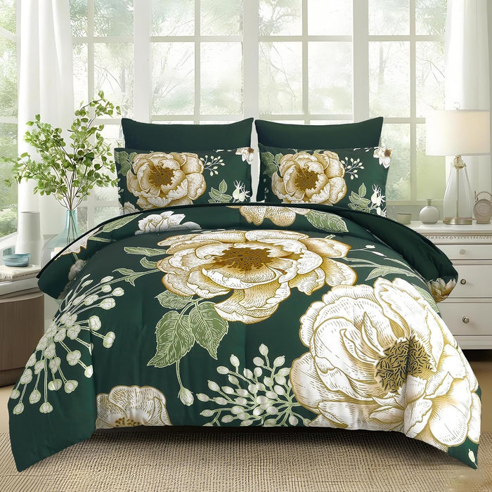 Luxudecor Floral Queen Comforter Set 7 Pieces Bed in a Bag, White Flower Print on Navy Blue Bedding Set, Soft Reversible Comforter with Sheet Set 90"x90"