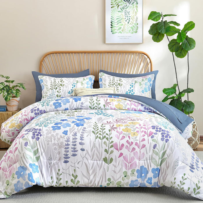 Xruibed Queen Comforter Set 7 Pieces, Blue Floral Bedding Set, Bed in a Bag Queen with Botanical Flowers Patterns, Soft Microfiber Complete Bedding Set with Sheets for All Season