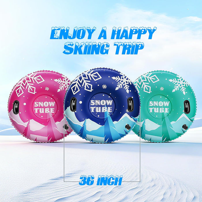 36 Inch Inflatable PVC Snow Tubes for Adults & Kids - Family Outdoor Winter Sledding Set with Thickened Hard Bottom & Handles for Safe Winter Snow Sports Fun