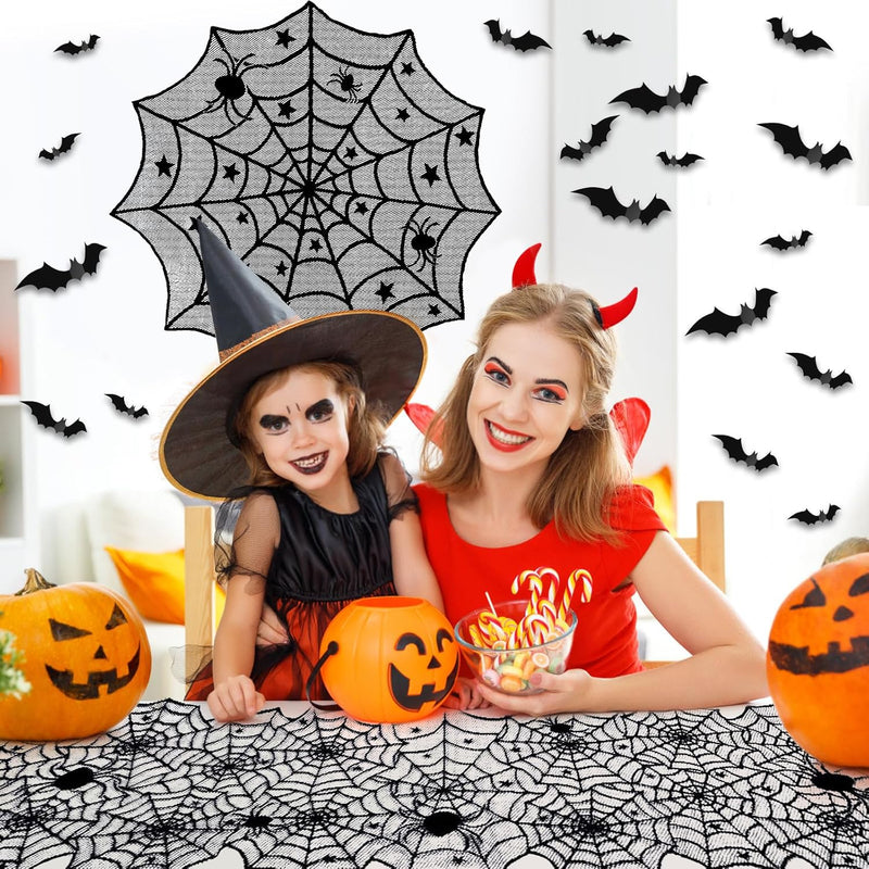 5Pack Halloween Decorations Indoor Halloween Spider Web Tablecloth Table Runners Fireplace Mantel Scarf Cobweb Lampshade Scary 3D Bats for Halloween Spooky Home Decor