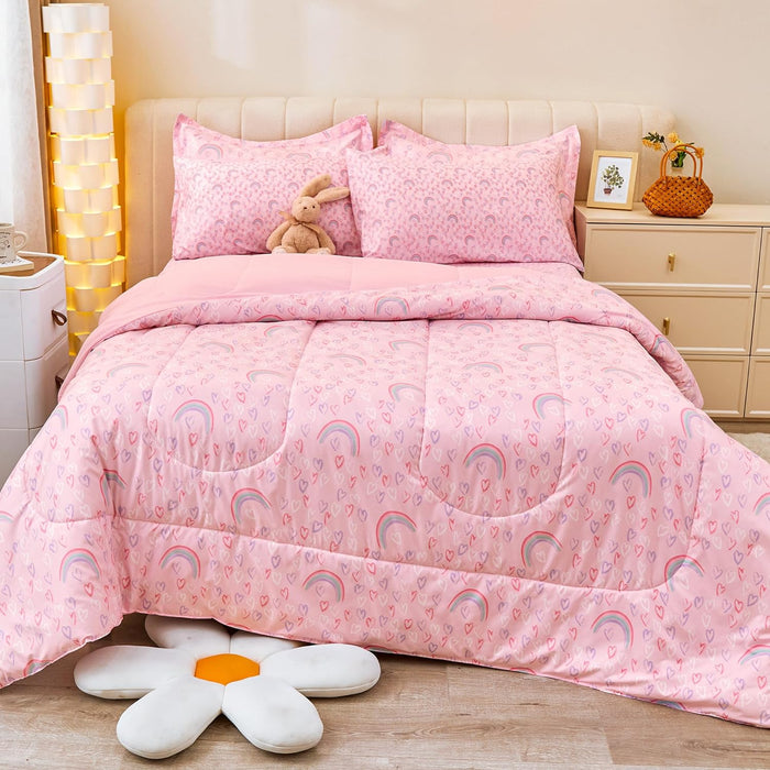 Viviland 5 Pieces Twin Pink Unicorn Comforter Set for Girls - Kids Brushed Microfiber Twin Bedding Set - Machine Washable Bed in A Bag with Soft Comforters, Sheet Set, Shams - Unicorn Love Heart