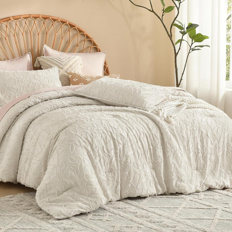 Litanika King Size Comforter Set Oatmeal, 3 Piece Khaki Boho Tufted Bedding, Beige Fluffy Farmhouse Bed Set for All Season with 2 Leaf Pattern Pillowcases（104x90In）