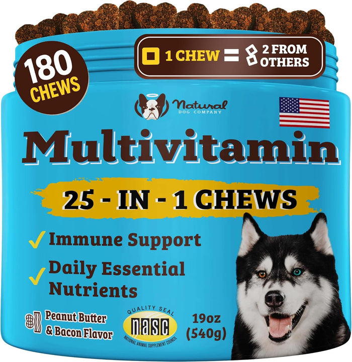 Natural Dog Company 25-in-1 Multivitamin Chews for Dogs – Daily Soft Dog Vitamins with Antioxidants, Zinc & Folic Acid – Supports Joints, Skin & Coat, Immune & Heart Health – All Ages, All Breeds