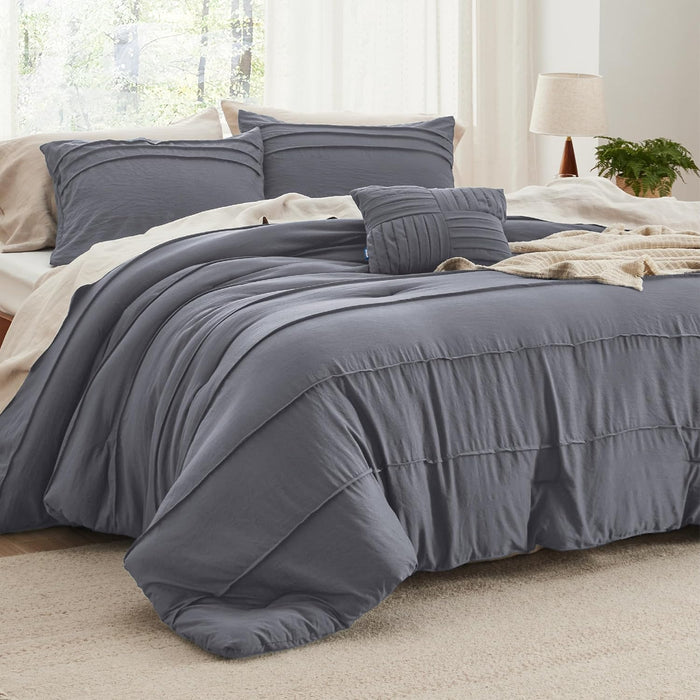 Bedsure Queen Comforter Set - 4 Pieces Pinch Pleat Bed Set, Beige Boho Bedding for All Season, 1 Soft Comforter, 2 Pillowcases, 1 Decorative Pillow