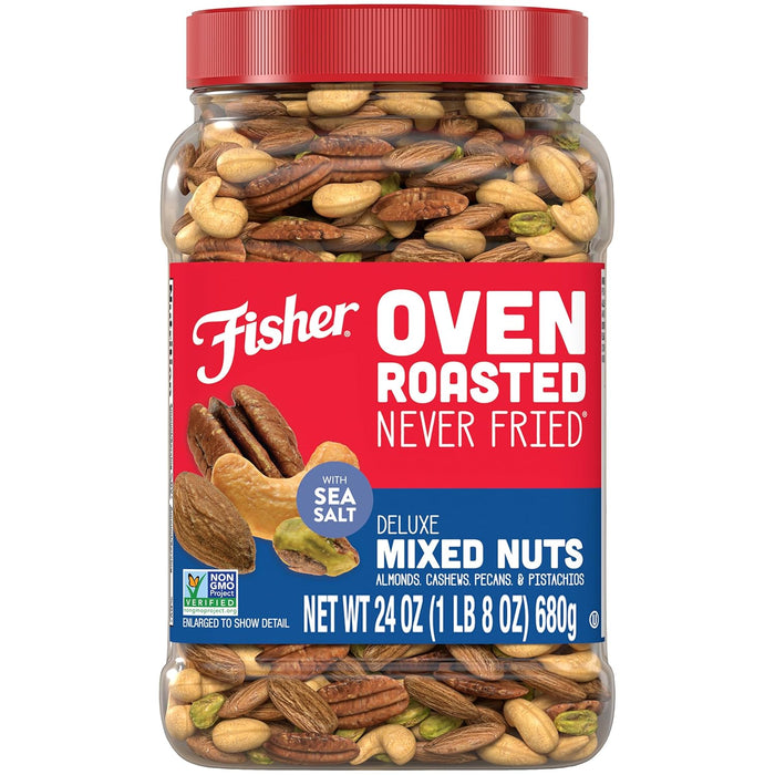 Fisher Oven Roasted Never Fried Mixed Nuts with Peanuts, 24 Ounces (Pack of 1), Peanuts, Almonds, Cashews, Pistachios, Pecans, Trail Mix, Healthy Snacks for Adults, Made With Sea Salt, No Added Oils