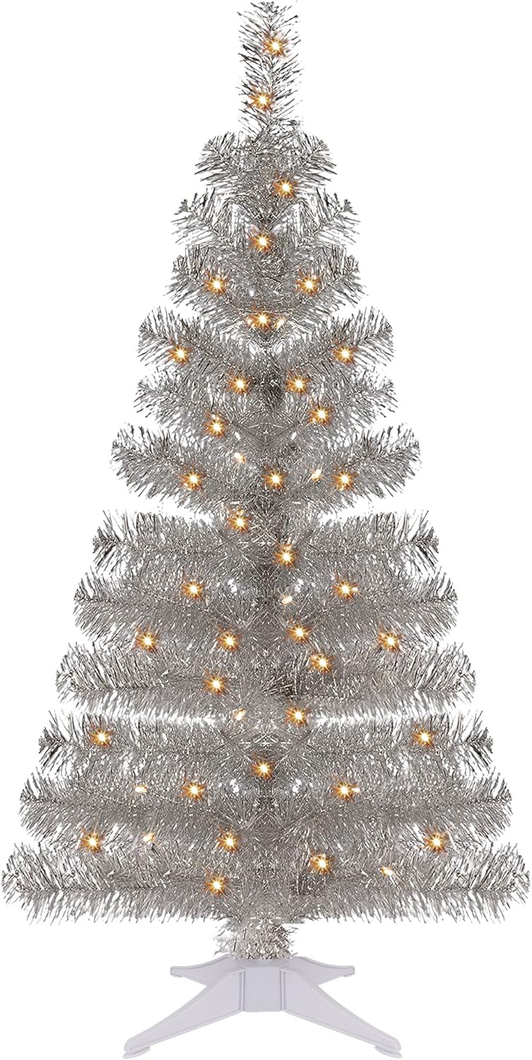Juegoal 4 FT Pre-lit Artificial Christmas Tree, Lighted Tinsel Pencil Pine Spruce Trees with 70 Warm White LED Lights, 8 Lighting Mode & Timer for Xmas Holiday Party Decor (Pink)