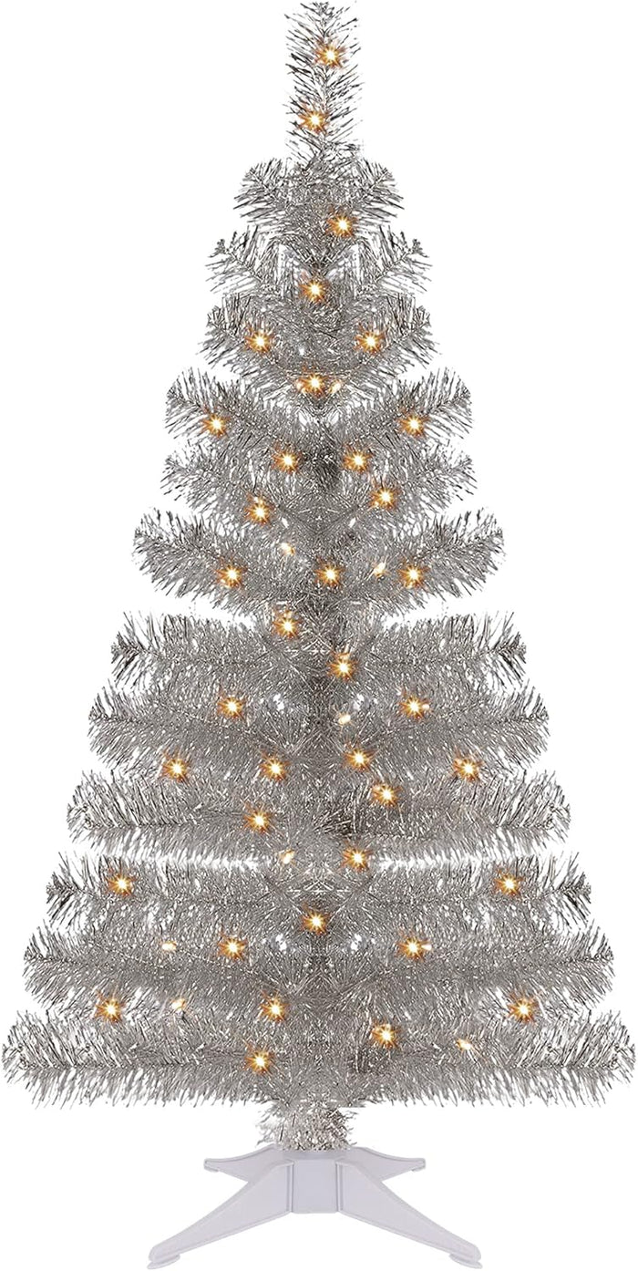 Juegoal 4 FT Pre-lit Artificial Christmas Tree, Lighted Tinsel Pencil Pine Spruce Trees with 70 Warm White LED Lights, 8 Lighting Mode & Timer for Xmas Holiday Party Decor (Pink)