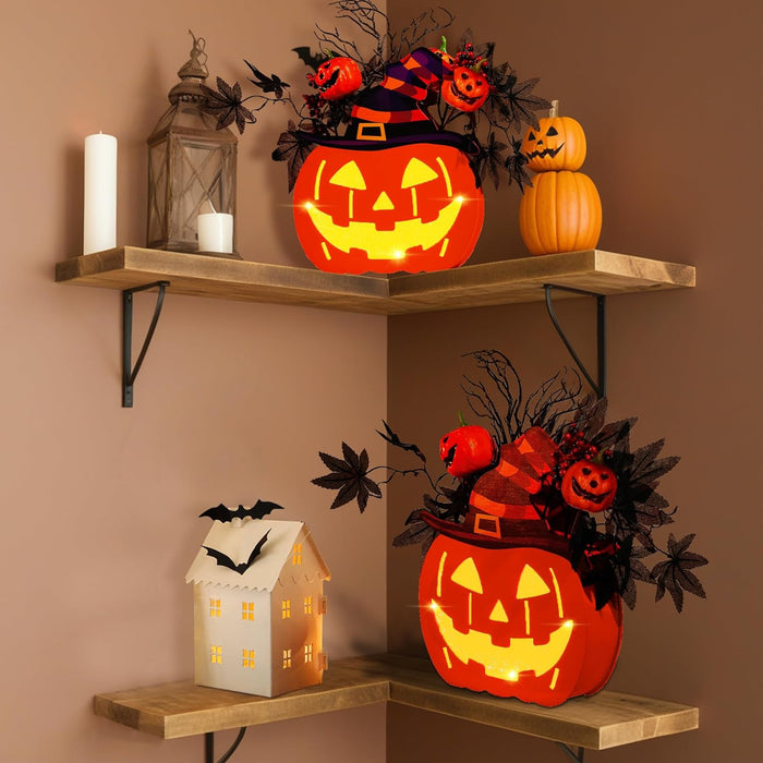 BlcTec Halloween Pumpkin Lights, 10 inch Lighted Big Halloween Wooden Pumpkin with Maple Leaves, Berries, Twigs, Witch's Hat, Battery Operated Lights with Timer for Halloween Decorations, Style A