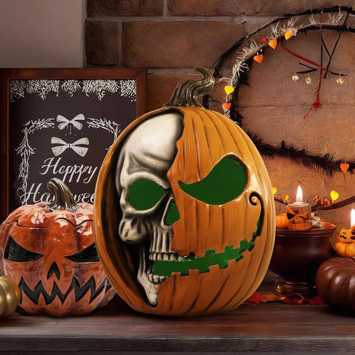 Light Up Jack O Lantern Pumpkin, 11x8 Inch Halloween Decorations Outdoor, Large Spooky Scary Decorative Resin Pumpkin Figurine, Indoor Table Top Desk Shelf Mantel Home Decor