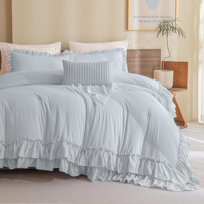 Queen's House Light Blue Farmhouse Ruffled King Size Comforter Set,Lightweight Microfiber Inner Fill Fluffy Boho Chic Bedding Comforter,Ultra Soft Microfiber Inner Fill Bedding