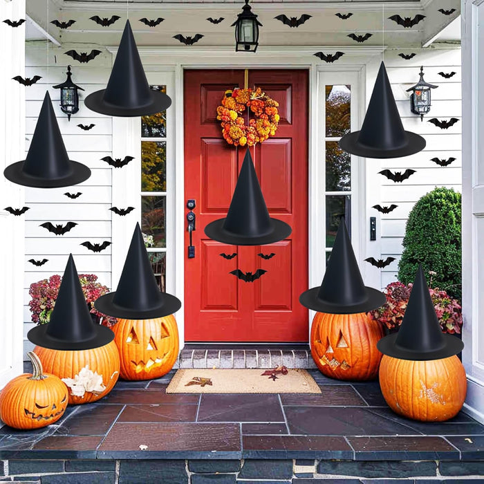 Dokeawo Witch hats 8 Pack Halloween Witches Hat with 108 Feet Hanging Rope & 32Pcs 3D Bats, Hanging Witch Hats Halloween Decor Witches Costume Accessory for Party Favor