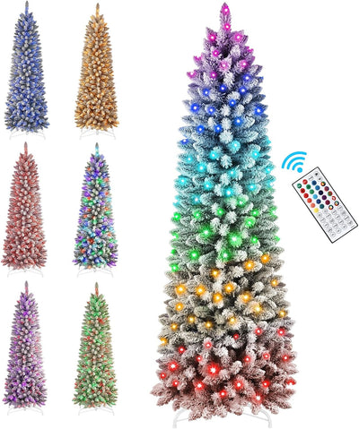 SHareconn 6ft Prelit Snow Flocked Artificial Hinged Slim Pencil Christmas Tree, with Remote Controlled Multi-Color RGB Lights, Full Branch Tips, Good Choice Decoration for Xmas Holiday, Flocked Green