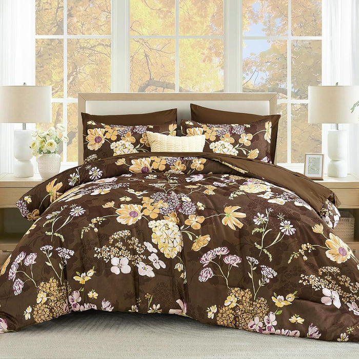 Yiran Black Red Fall Floral Comforter Set Queen Size, 7 Piece Comforter Bedding Set, Botanical Bed in a Bag, Soft Microfiber Complete Bedding Set with Sheets for All Season