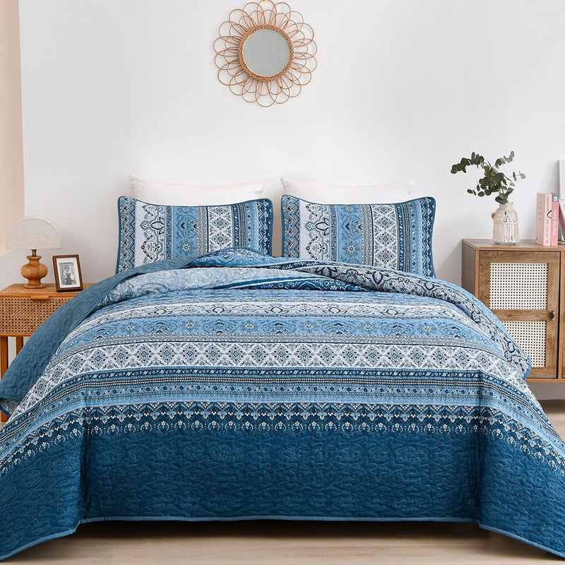 WONGS BEDDING Bohemian Quilt Set King Size, Boho Striped Printed Bedding Bedspread Coverlet Set for All Season, Lightweight Microfiber Quilts with 2 Pillowcases 104"x90" (3 Pieces, Colorful)