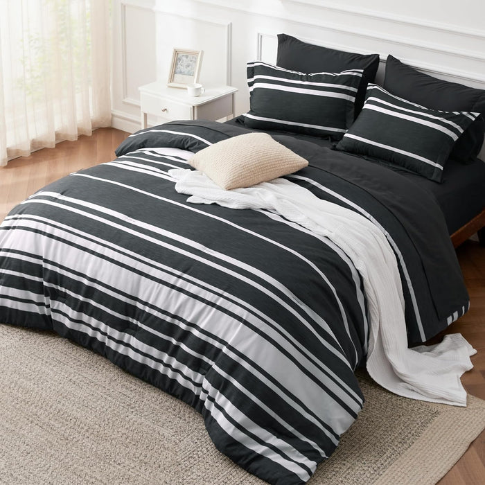 Bedsure Queen Comforter Set 7 Pieces, Blue Striped Bedding Set for All Seasons, Reversible, Cationic Dyeing Bed in a Bag with Comforter, Sheets, Pillowcases & Shams