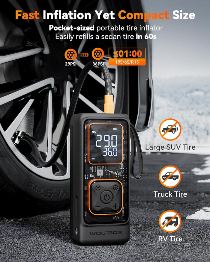 WOLFBOX Cordless Tire Inflator Portable Air Compressor, 150PSI Air Pump for Car Tires, Motorcycle, Bicycle & Ball, with Smart Digital Pressure Gauge, Auto Shut-Off & LED Flashlight