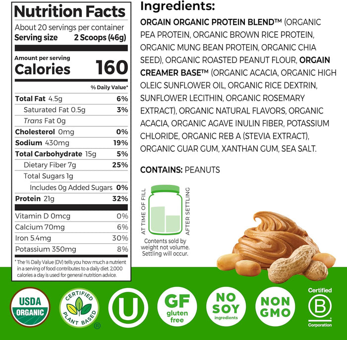 Orgain Organic Vegan Protein Powder, Peanut Butter - 21g Plant Protein, 7g Prebiotic Fiber, Low Net Carb, No Dairy Ingredients, No Added Sugar, For Shakes & Smoothies, 2.03 lb (Packaging May Vary)