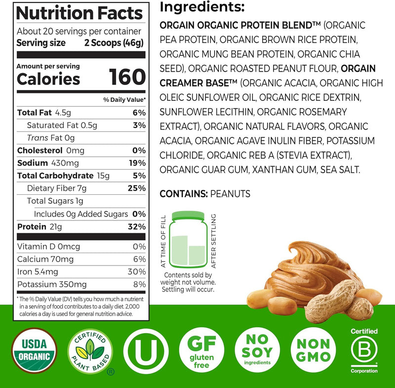 Orgain Organic Vegan Protein Powder, Peanut Butter - 21g Plant Protein, 7g Prebiotic Fiber, Low Net Carb, No Dairy Ingredients, No Added Sugar, For Shakes & Smoothies, 2.03 lb (Packaging May Vary)