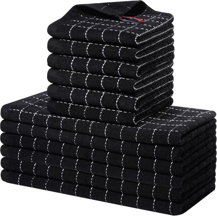Homaxy Kitchen Towels and Dishcloths Set, 12 x 12 and 13 x 28 Inches, Set of 8 Bulk Cotton Terry Kitchen Towels Set, Checkered Designed, Soft and Super Absorbent Dish Cloths, Black