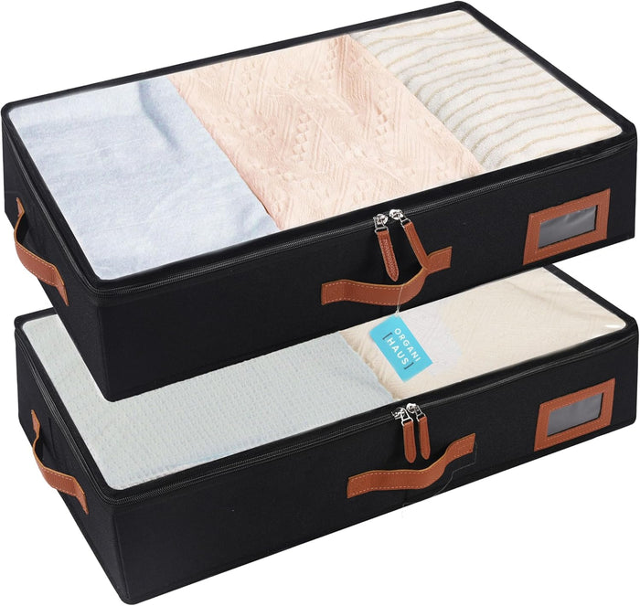 OrganiHaus Under Bed Storage Containers, Bedroom Storage and Organization Bins, Clothes Organizer for Closet with Clear Cover and Reinforced Handles - Set of 2 33x17x6 inches White Striped