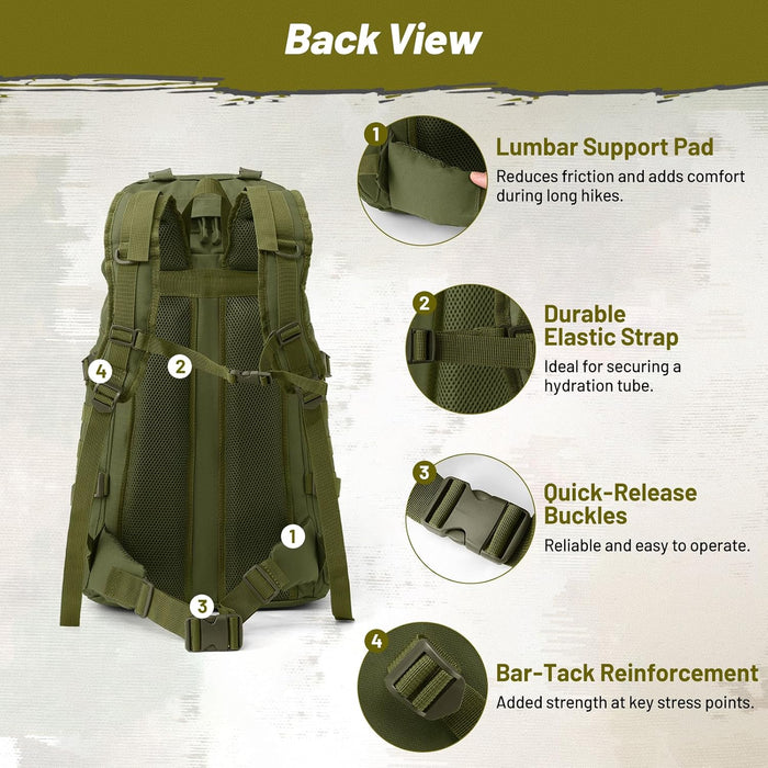 50L Tactical Backpack for Men and Women, Water-Resistant Molle Rucksack, Large Military Assault Pack for Hiking, Hunting, Camping, Gym & Outdoor Survival Green
