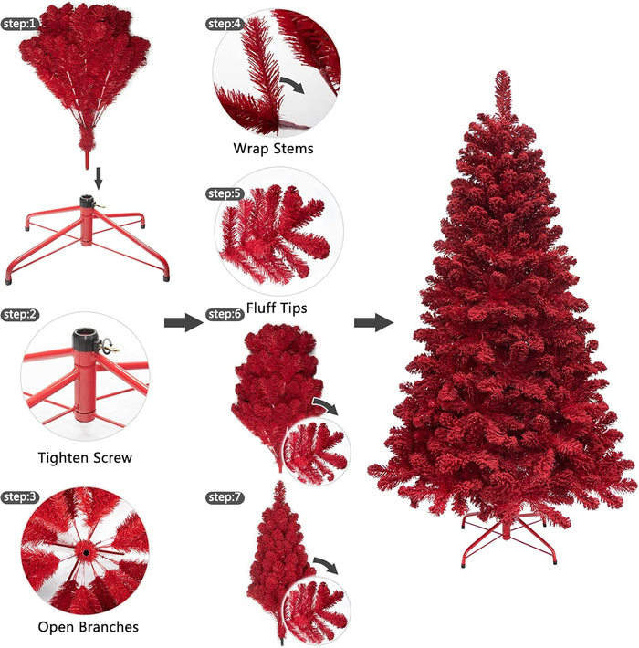 KI Store Flocked Red Christmas Tree 6ft Artificial Xmas Tree with Flocking Red Snow Unlit for Voluntines Day Xmas Decor