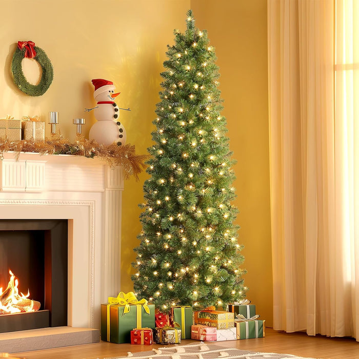 SHareconn 6ft Prelit Artificial Hinged Slim Pencil Christmas Tree with Warm White Lights, Full Branch Tips, Good Choice Decoration for Xmas Holiday, 6 FT, Green