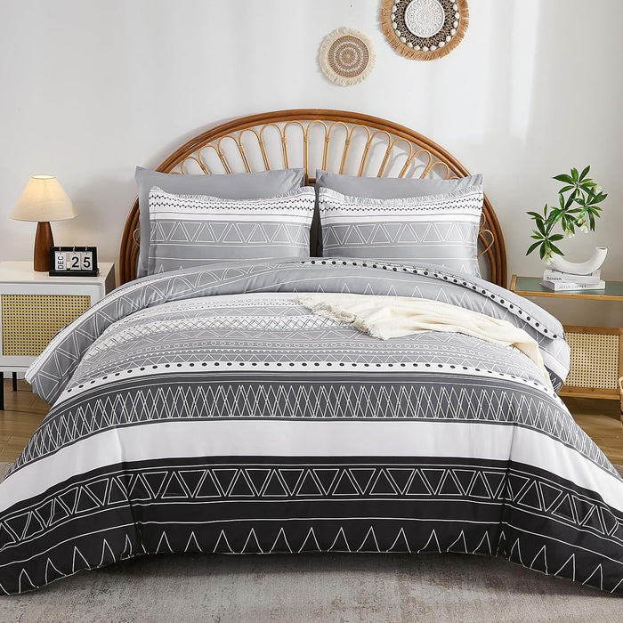 WONGS BEDDING Boho Comforter Set King Size,7 Pieces Grey White Geometric Bohemian Bed in a Bag Comforter Complete Striped Bedding Set for All Season with Sheets,Pillowcases & Shams Soft Microfiber