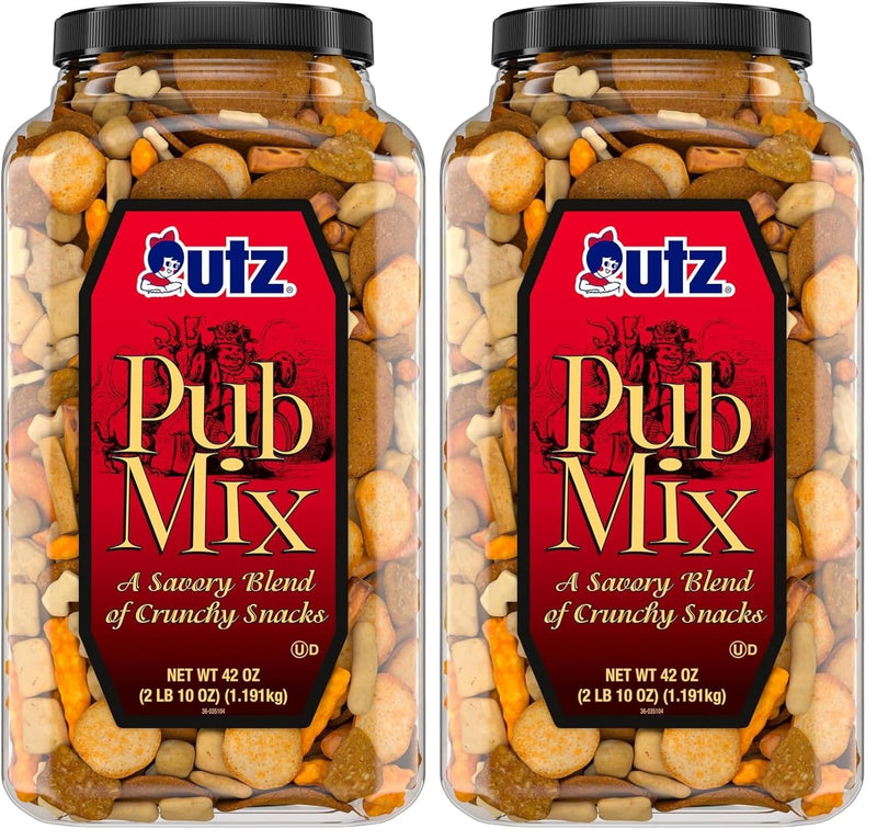 Utz Pub Mix, 42 Oz. Barrel, Savory Snack Mix with a Blend of Crunchy Flavors for a Tasty Party Snack, Resealable Container, Trans-Fat Free and Kosher Certified