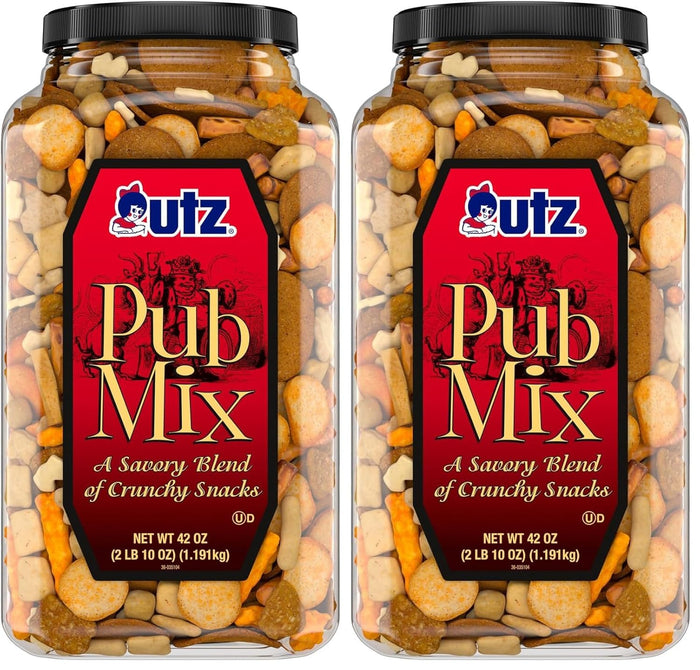 Utz Pub Mix, 42 Oz. Barrel, Savory Snack Mix with a Blend of Crunchy Flavors for a Tasty Party Snack, Resealable Container, Trans-Fat Free and Kosher Certified