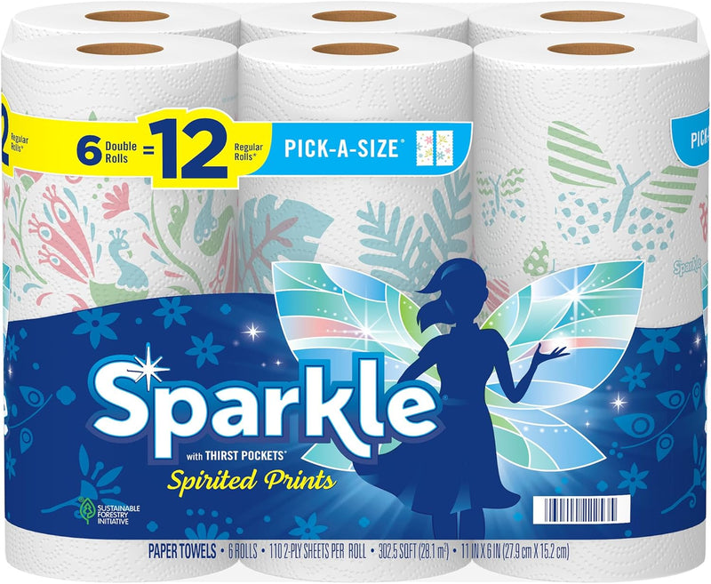 Sparkle Pick-A-Size Paper Towels, 6 Double Rolls = 12 Regular Rolls, Everyday Value Paper Towel With Full And Half Sheets