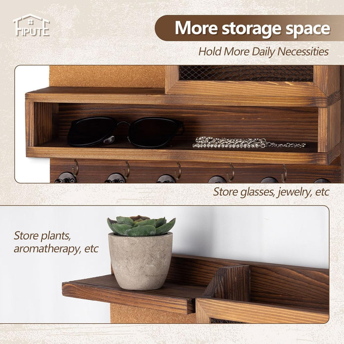 Key Holder for Wall with Mail Organizer,Farmhouse Mail and Key Holder for Wall,Key Hanger with ‌Metal 11 Hooks,Corkboard,and Shelf,Decorative Natural Pine Wood Entryway Organizer,14.6*11.1*3.3”,Brown