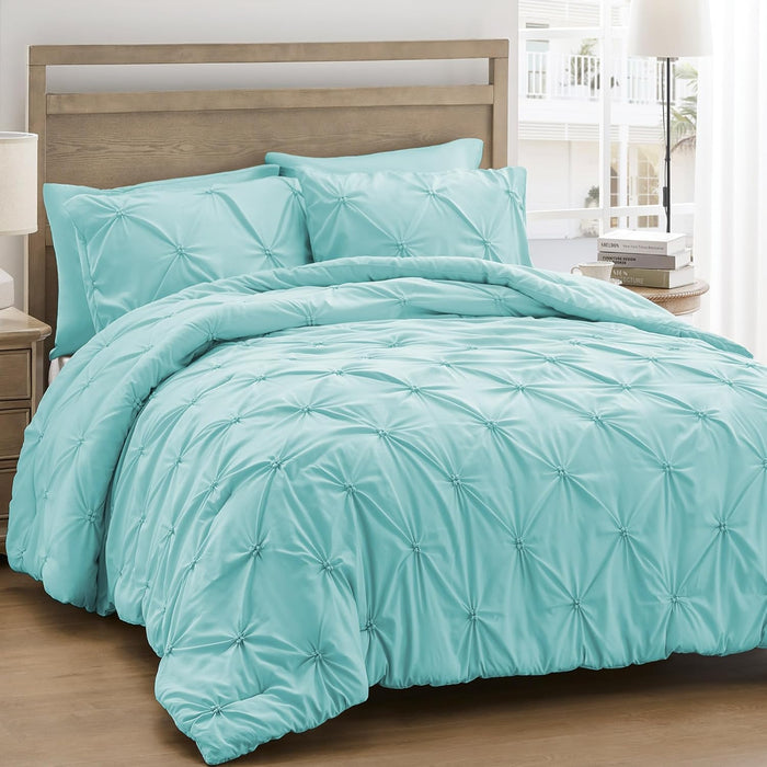 UNIKOME Queen Comforter Set White - Ultra Soft Boho Pintuck Down Alternative Bedding Set for Winter, All Seasons, 3 Pieces Warm Pinch Pleat Solid Bed Set with Comforter, 2 Pillowcases