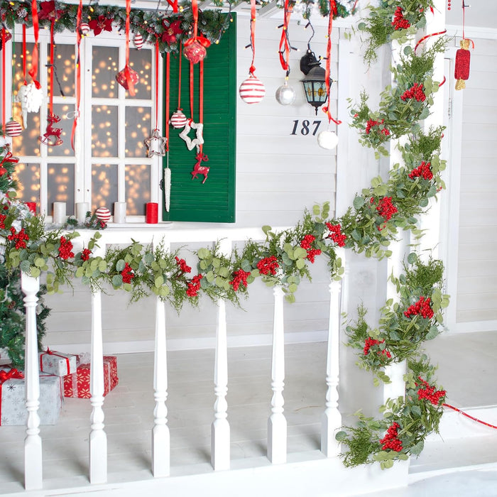 TOCHGREEN 2 Pack Artificial Christmas Garland Pine Cypress Greenery Hanging Garland with Red Berries Winter Pine Garland for Holiday Home Mantle Table Outdoor Indoor Christmas Decorations