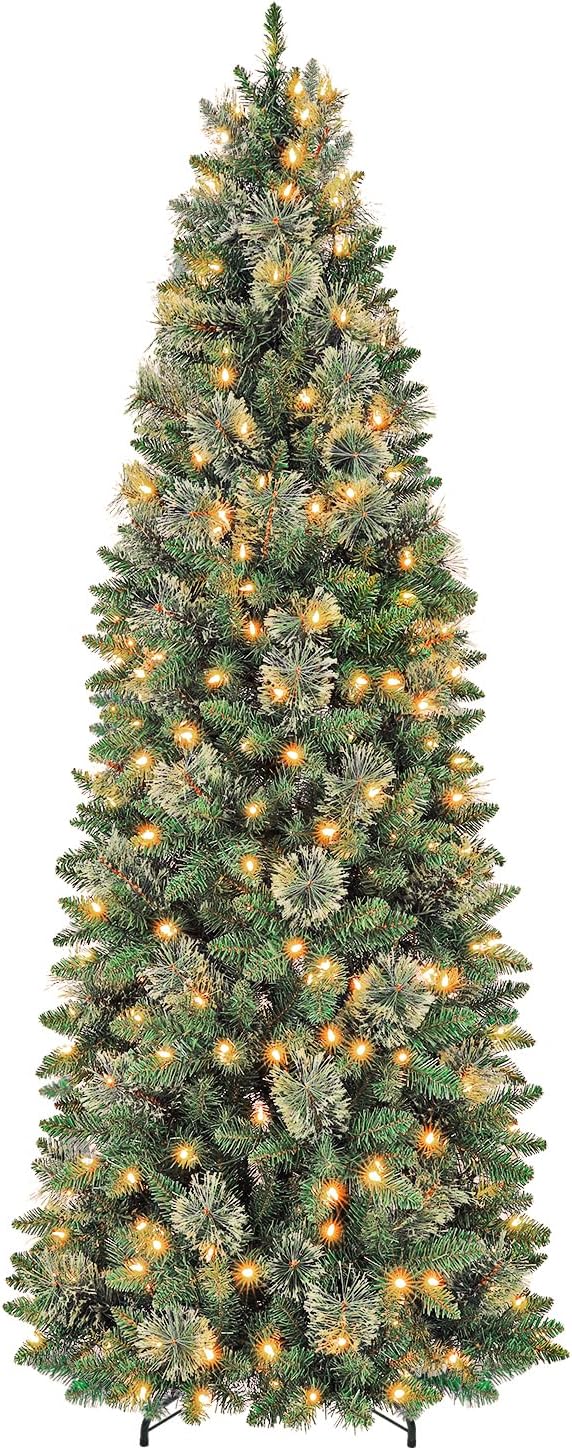 Hykolity 7.5 ft Prelit Artificial Pencil Slim Christmas Pine Tree with 792 PVC Branch Tips, 300 Warm White LED Lights, Metal Stand and Hinged Branches, Perfect for Home, Decoration
