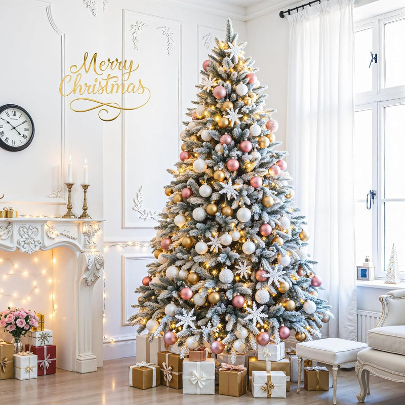 9ft Pre-lit Artificial Christmas Tree with Remote, Snow Flocked Xmas Trees Rotating & Foldable Stand, RGB & Warm White Light for Home Decor
