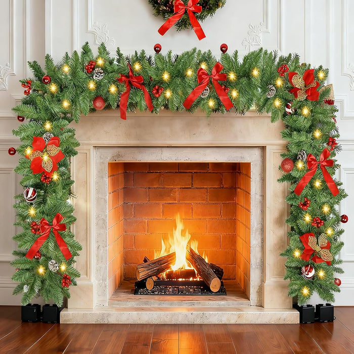 Christmas Garland with Lights, 30 LED 9FT Prelit Christmas Garland for Mantle,Outdoor Indoor Christmas Decorations Garland Battery Operated with Bows,Flowers,for Stairs,Railing,Fireplace,Front Door