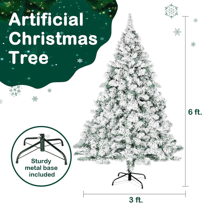 6 FT Snow Flocked Artificial Christmas Tree, Full Xmas Tree with 1000 Automatically Expanding Branch Tips, Foldable Metal Stand and Hinged Branches, Holiday Decoration for Home, Party, White
