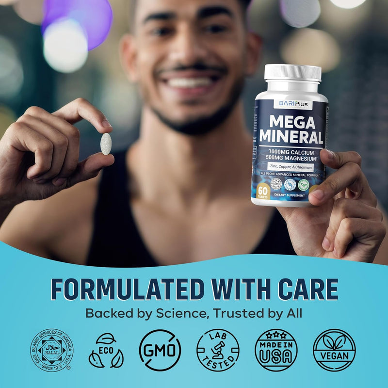 Mega Mineral – Complete Complex with Vitamin D, Calcium, Magnesium, Zinc, Potassium, Boron, Selenium, Chromium & 72 Trace Minerals – Iron-Free – USA Made – 60 Tablets