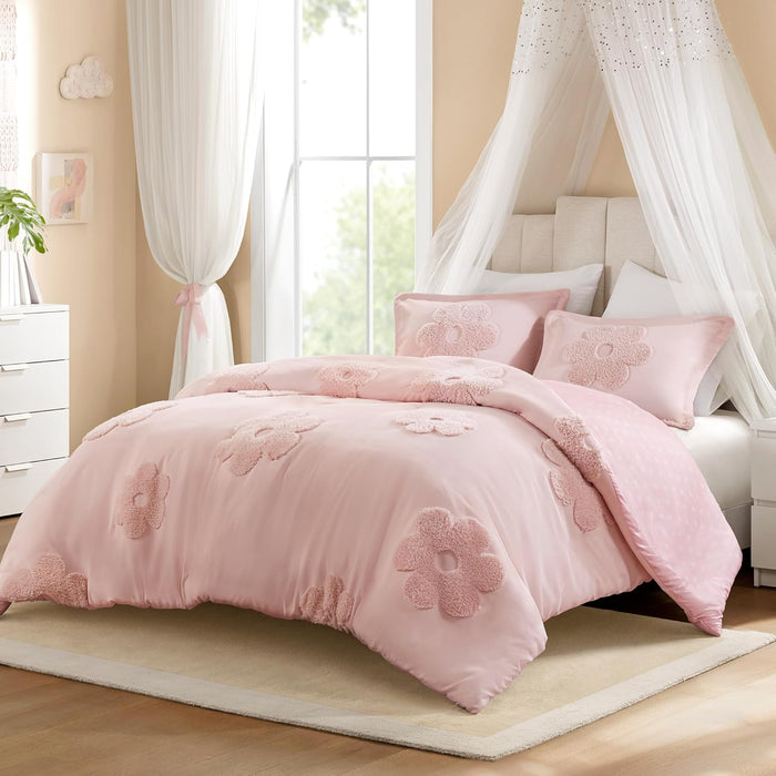 Intelligent Design Kids Full Comforter Set for Girls, Tufted Chenille Floral Comforter Set Queen, Lightweight Polka Dot Reversible Bed Set, Shams, Pillow, Gracie, Full/Queen White/Purple 4 Piece