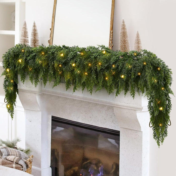 2PCS 9FT Pre-lit Christmas Cedar Garland with 100 Lights, Full 240 Pine Branches, Realistic Faux Garland Artificial Greenery for Fireplace Table Mantle Wall Indoor Outdoor Winter Holiday Decorations