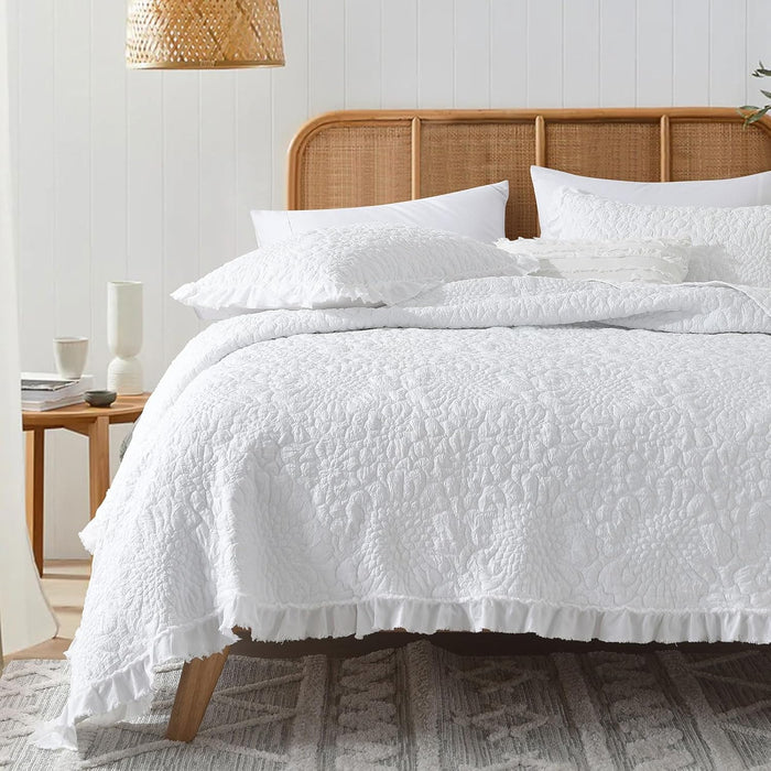 HORIMOTE HOME Pink Ruffled Quilt Queen Size, Stone-Washed Microfiber Lightweight Crinkled Farmhouse Rustic Shabby Chic Bedding Set, 3 Pieces Reversible Bedspread with Pillow Shams for All Season