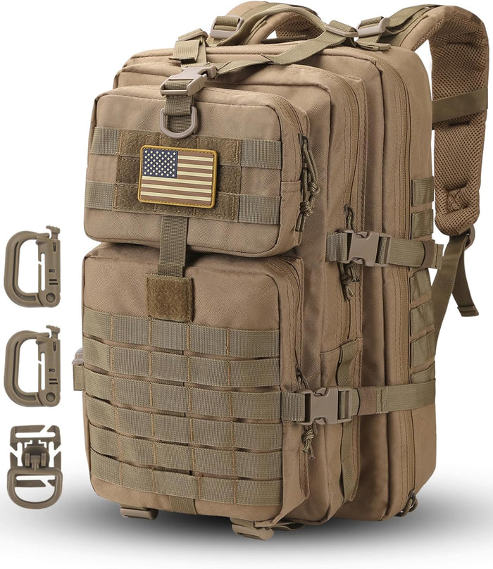MOLLE Assault Backpack, Tactical Backpack Military Army Camping Rucksack, 3-Day Pack Trip w/USA Flag Patch, D-Rings, Black