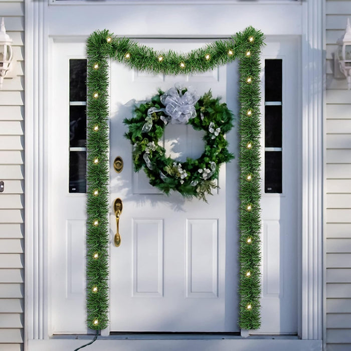WATERGLIDE 49FT Lighted Christmas Green Garland with 100 Count Clear String Lights, Pre-lit Long Artificial Greenery Garlands, Plug in Holiday Decorative Lights for Indoor Outdoor Decor