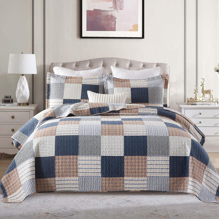 Finlonte Quilts Queen Size - 100% Cotton Queen Comforter Set Green Moonbeam White Plaid Farmhouse Quilt Bedding Set, Reversible Lightweight Soft Bedspread, Quilted Coverlet All-Season, 3-Piece