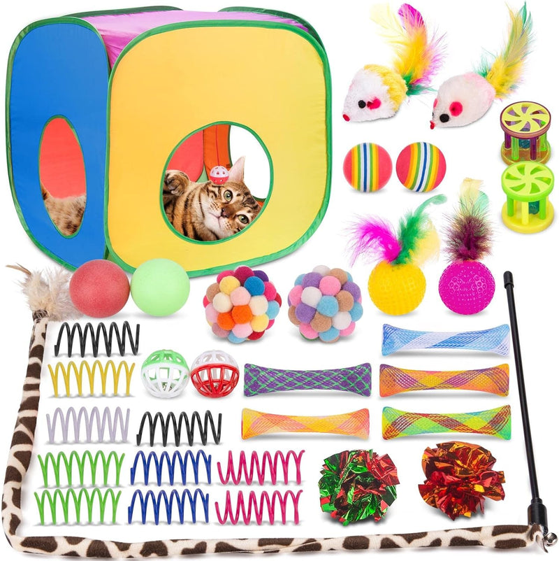 Retro Shaw Cat Toys Bundle 33 Pack, Interactive Kitten Toys for Indoor Cats Kitty with Collapsible Play Tunnel Tube Tent Feather Wand Teaser Bell Fuzzy Ball Springs Mouse Toy