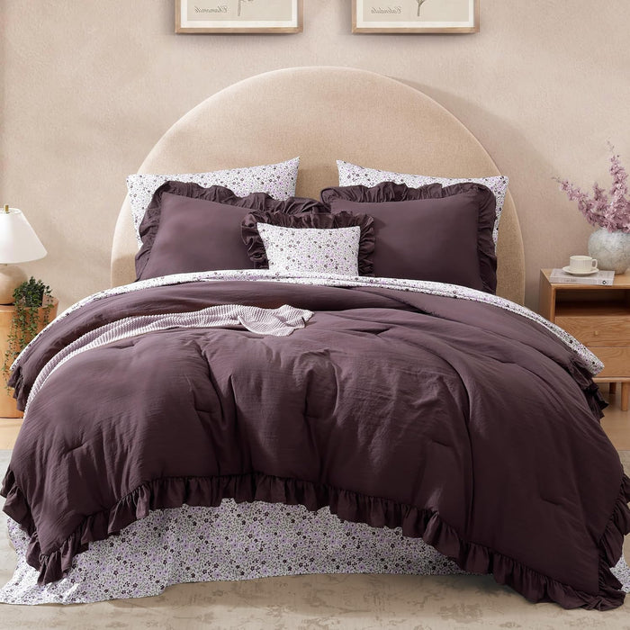 Queen Comforter Set - 7 Pieces Ruffle Sage Green Bedding Sets, Shabby Chic Farmhouse Bed in a Bag Queen with Ruffle Comforter, Floral Sheets, Pillowcases & Shams